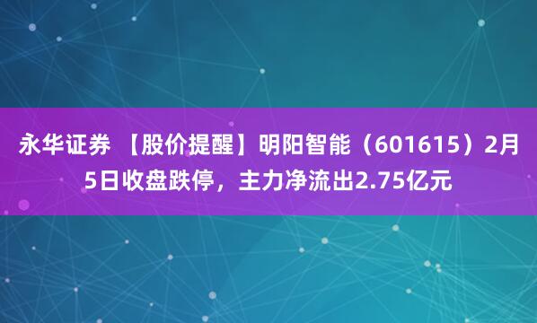 永华证券 【股价提醒】明阳智能（601615）2月5日收盘跌停，主力净流出2.75亿元